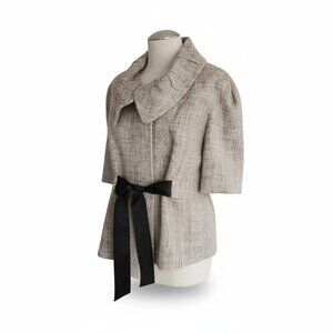 Tweed Short-Sleeve Bow-Waist Jacket in Beige